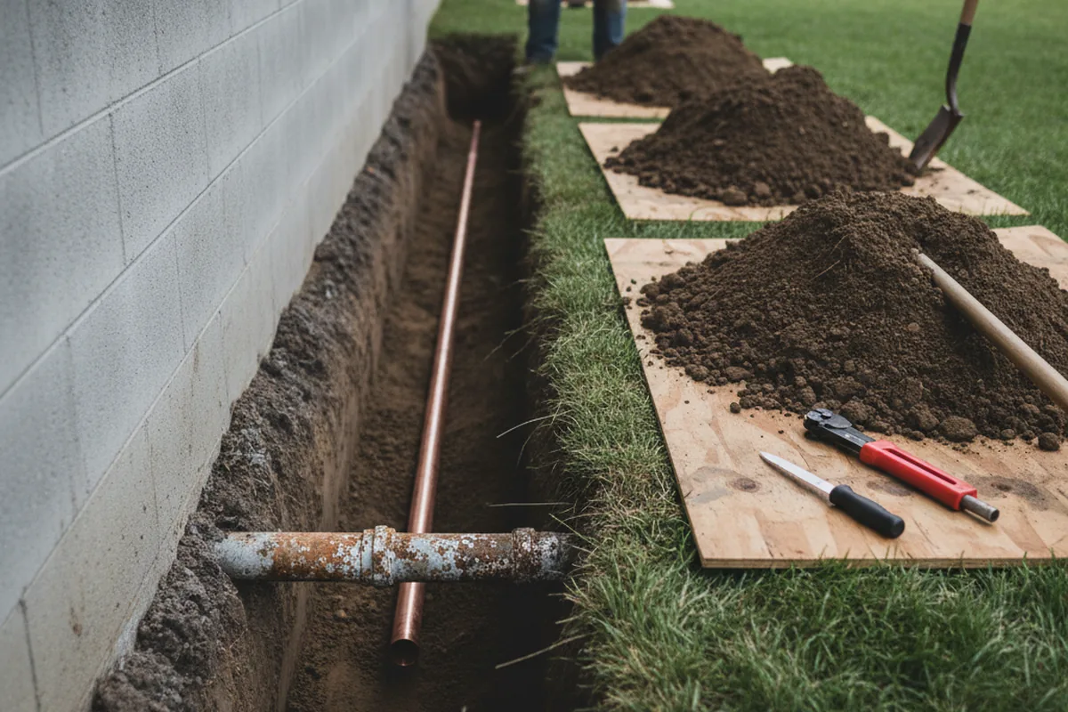 Excavated water line trench during Sewer Line Repair in Shandon